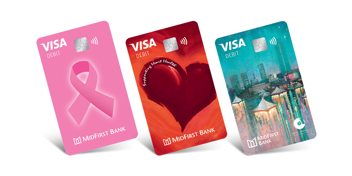 Image of East First Bank's Pink Card, Heart Card, and Art Card.